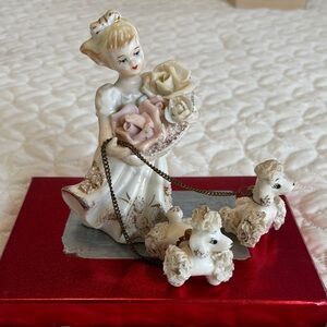 Royal Sealy Vintage Porcelain Girl walking 2 Spaghetti Poodles Figurine EUC